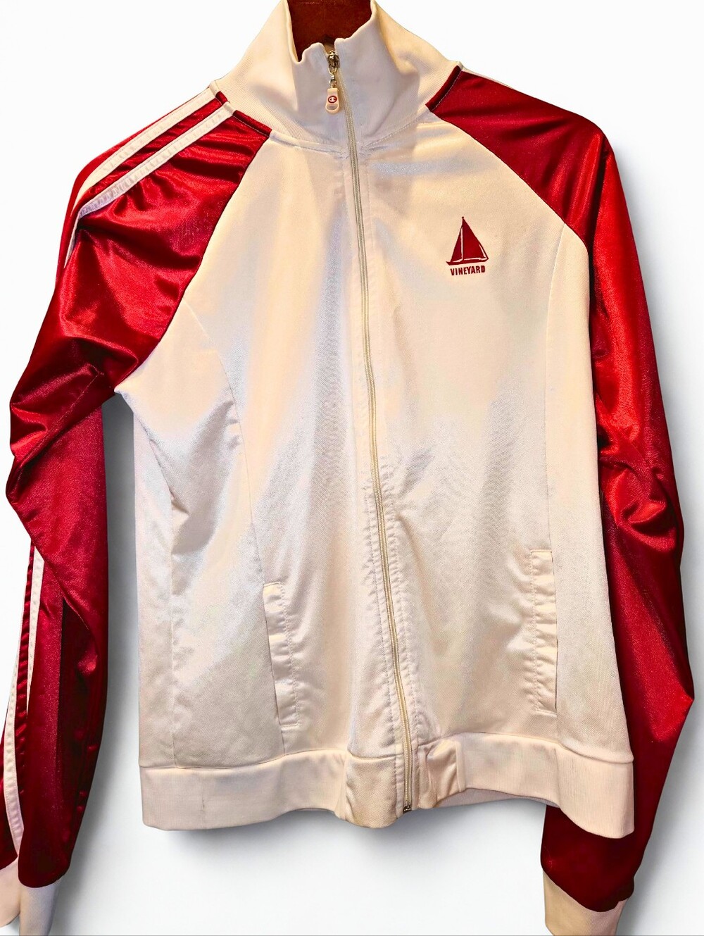 Vintage Champion Martha's Vineyard White and Red Satin-Trim Zip Jacket